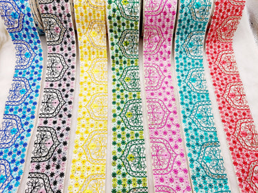 Beige Art Silk Fabric Trim Border with Floral Embroidery and Silver Indian Foil Work, Decorative Trimming, Crafting Lace